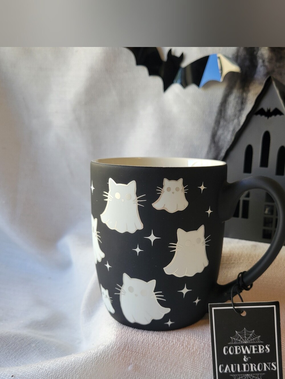 Black Ghost Cat Mug From Cobwebs & Cauldrons